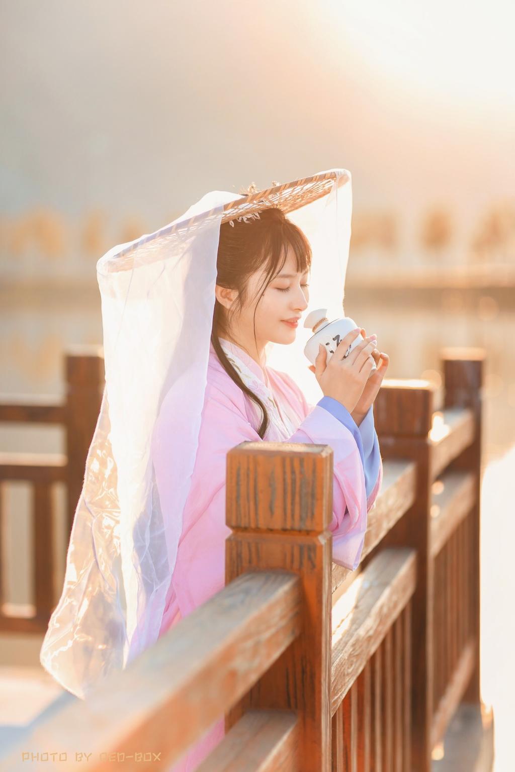 温婉美人秋日粉色汉服唯美古风摄影