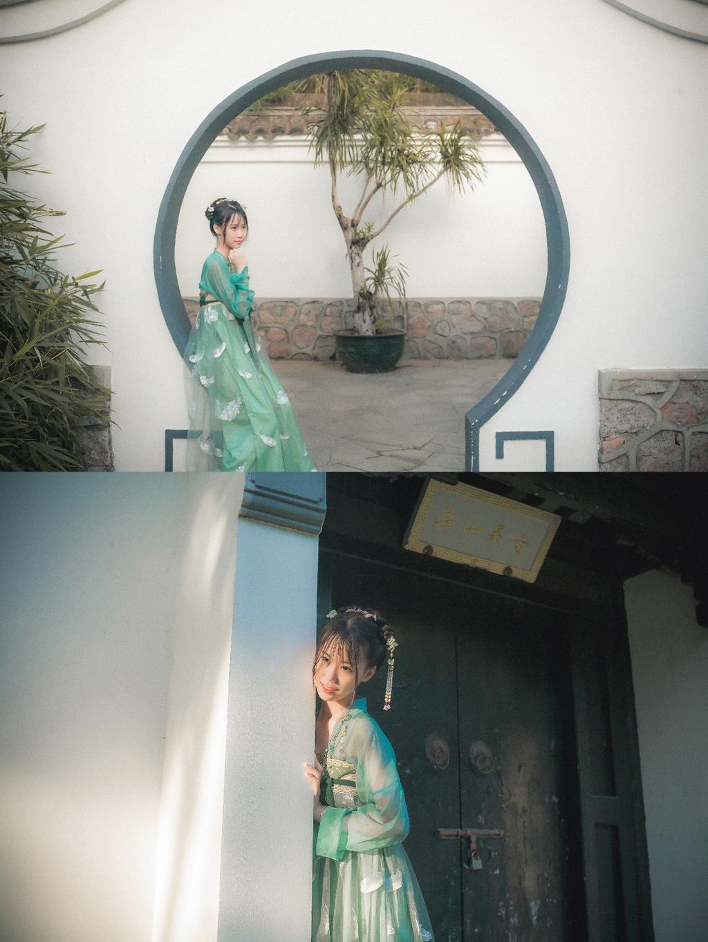 汉服美女手撑纸伞漫步园林写真