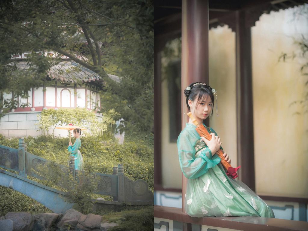 汉服美女手撑纸伞漫步园林写真