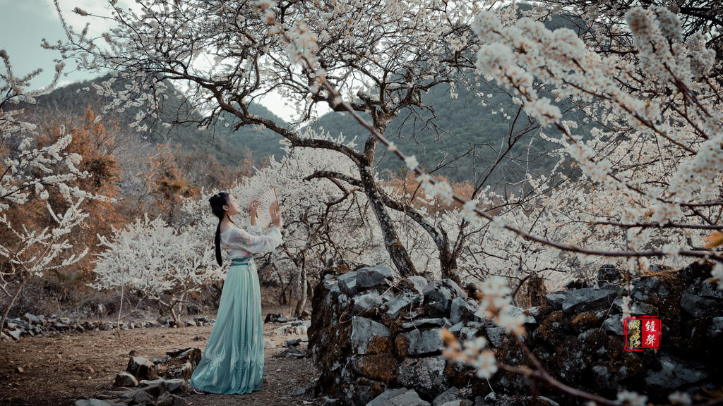 古装美女手执罗扇漫步花林美图