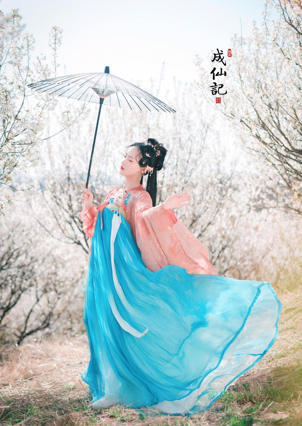 古装美女手撑纸伞漫步花野私拍