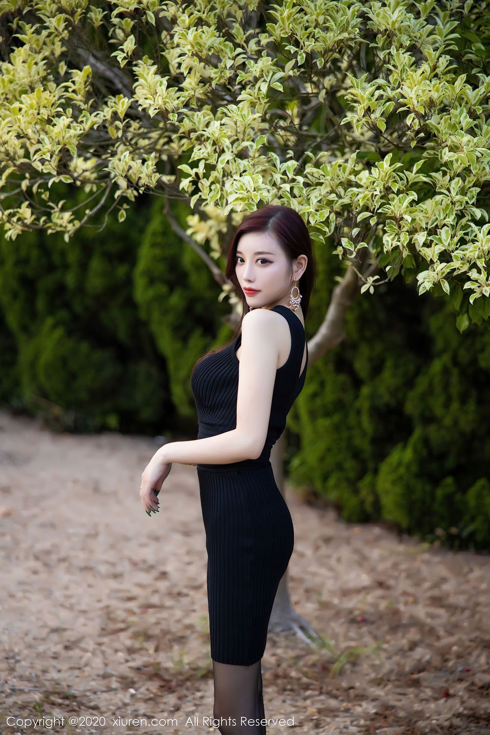 [XiuRen秀人网] 性感女神杨晨晨sugar - 黑丝美腿与黑色吊裙松林拍摄 No.2648