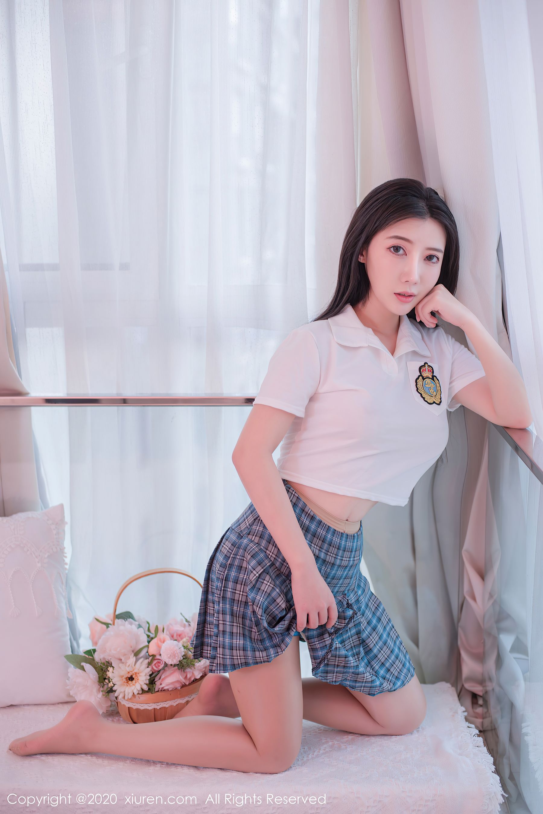 [秀人XiuRen] No.2412 陈梦babe - 学生制服百褶裙+肉色透明连体衣