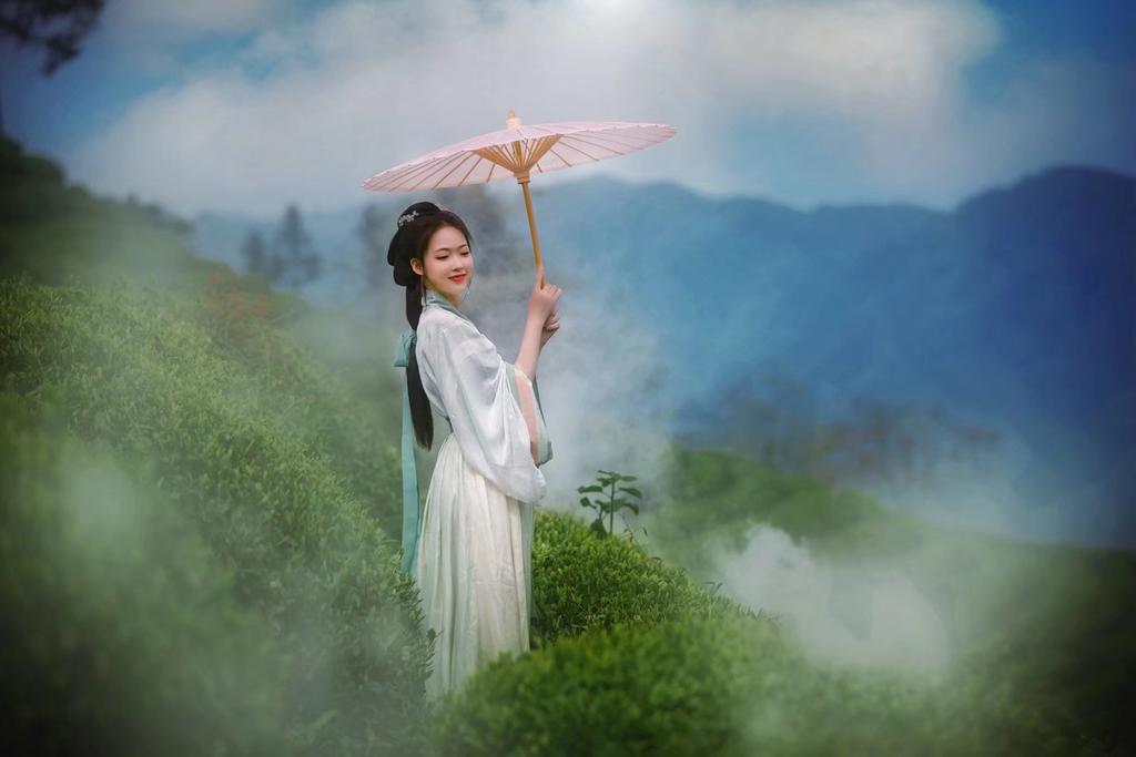 眉清目秀古装美女漫步茶园图片