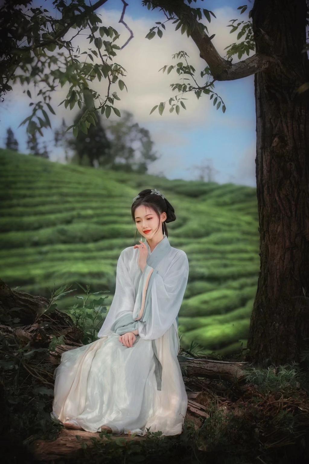 眉清目秀古装美女漫步茶园图片