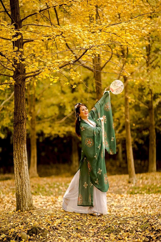 古装美女银杏树下翩翩起舞图片