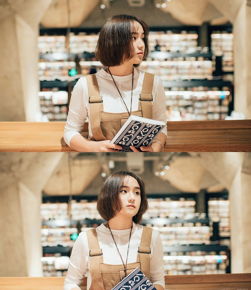 图书馆内的背带裤短发文艺少女恬静怡人