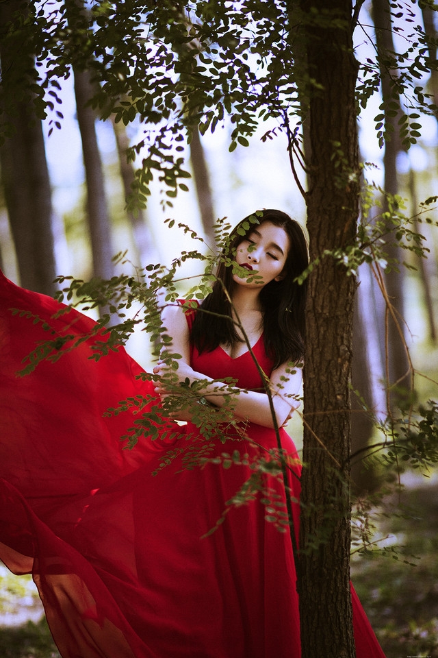 深林内如痴如醉跳舞的红裙美女展示好身材