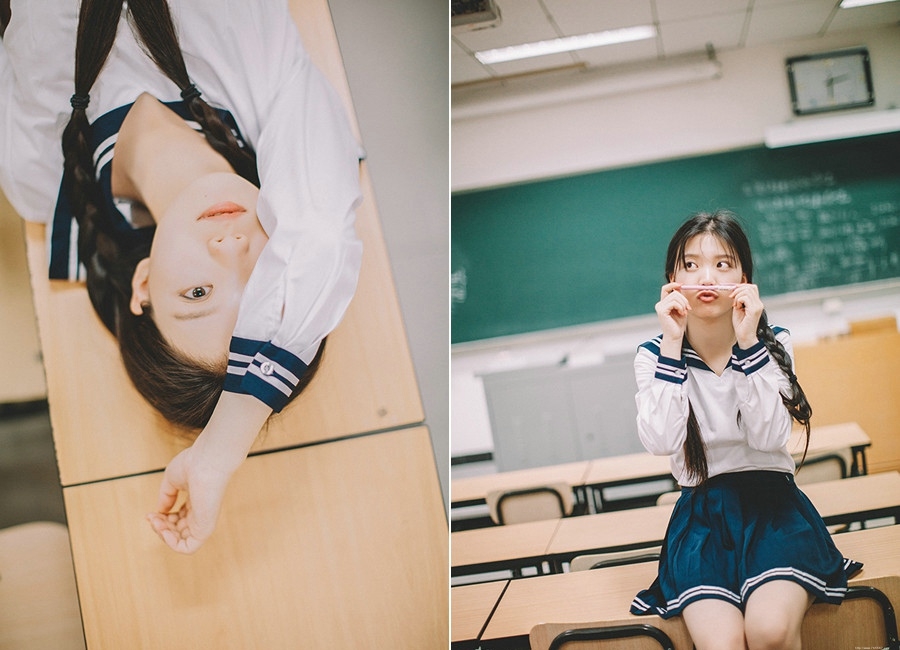 教室内的毕业季少女学生制服怀念往昔